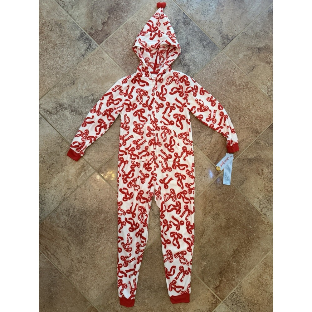 Girls' Cat & Jack Red Bows One Piece Fleece Sleeper Medium NWT Christmas PJ's